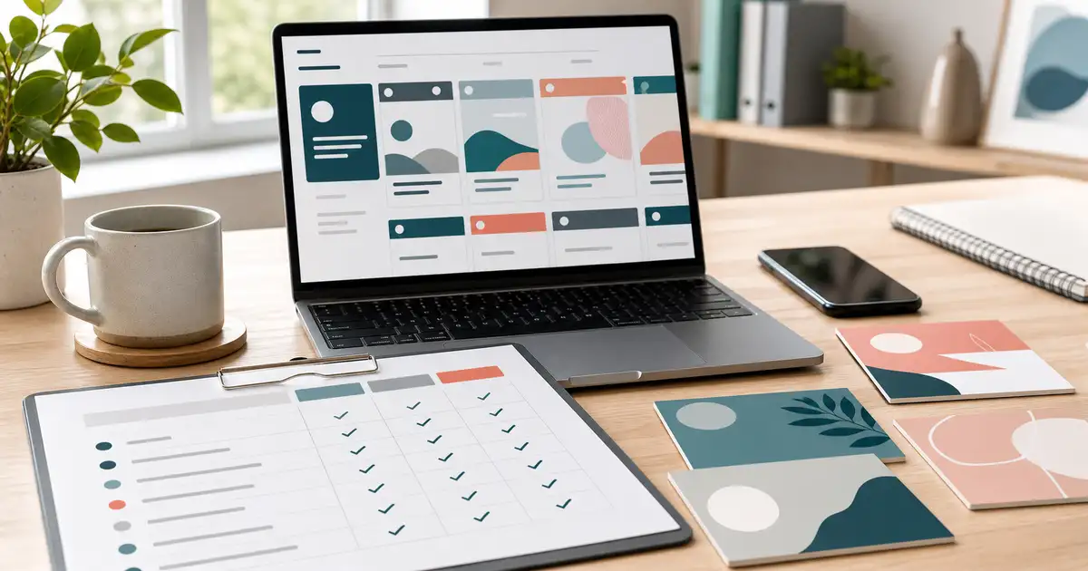 Small-business content workflow and service checklist on a desk
