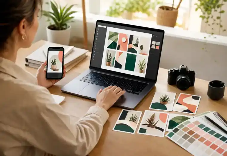 Small business social media posts being planned from real photos and offer notes