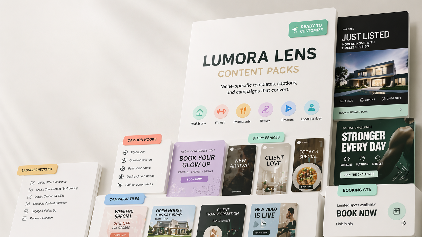 Lumora Lens marketing asset previews for business marketing assets