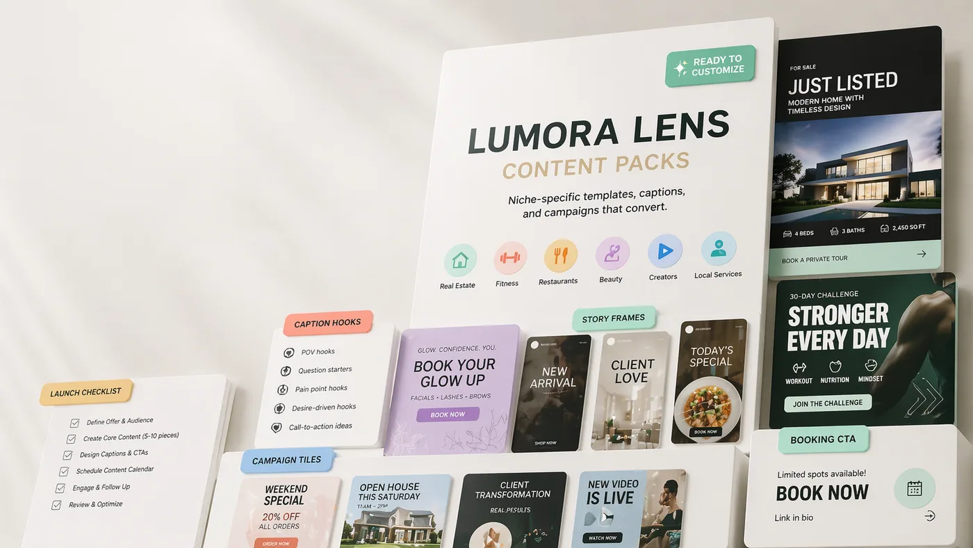 Lumora Lens marketing asset previews for business marketing assets