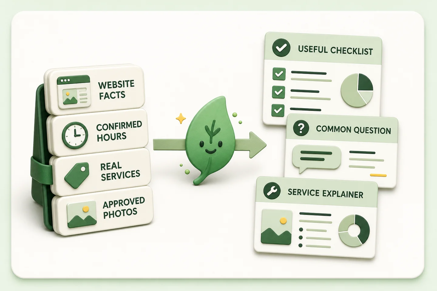 Approved website facts, hours, services, and photos becoming useful content