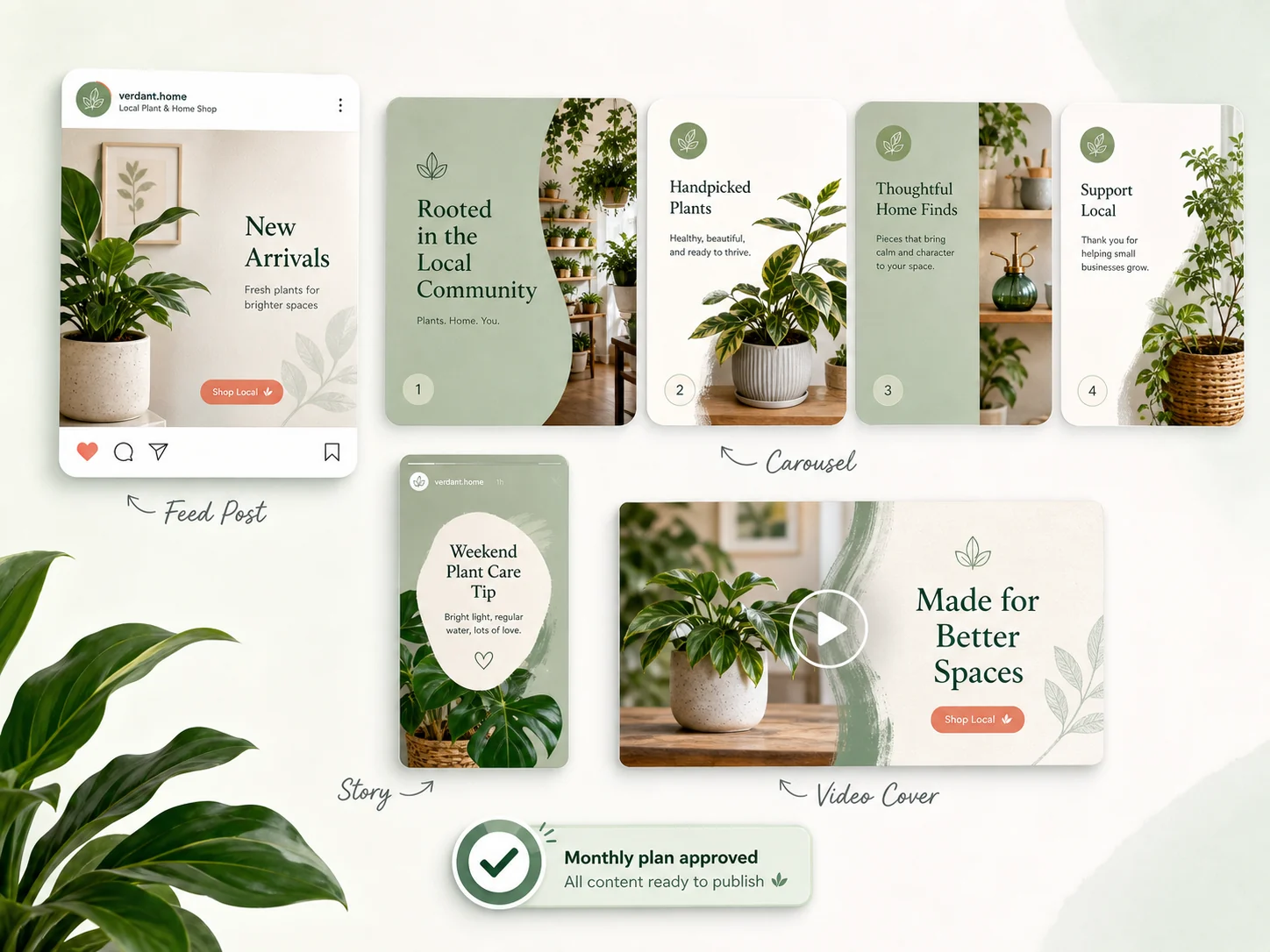 A coordinated set of branded feed posts, carousel slides, stories, and a video cover ready for approval