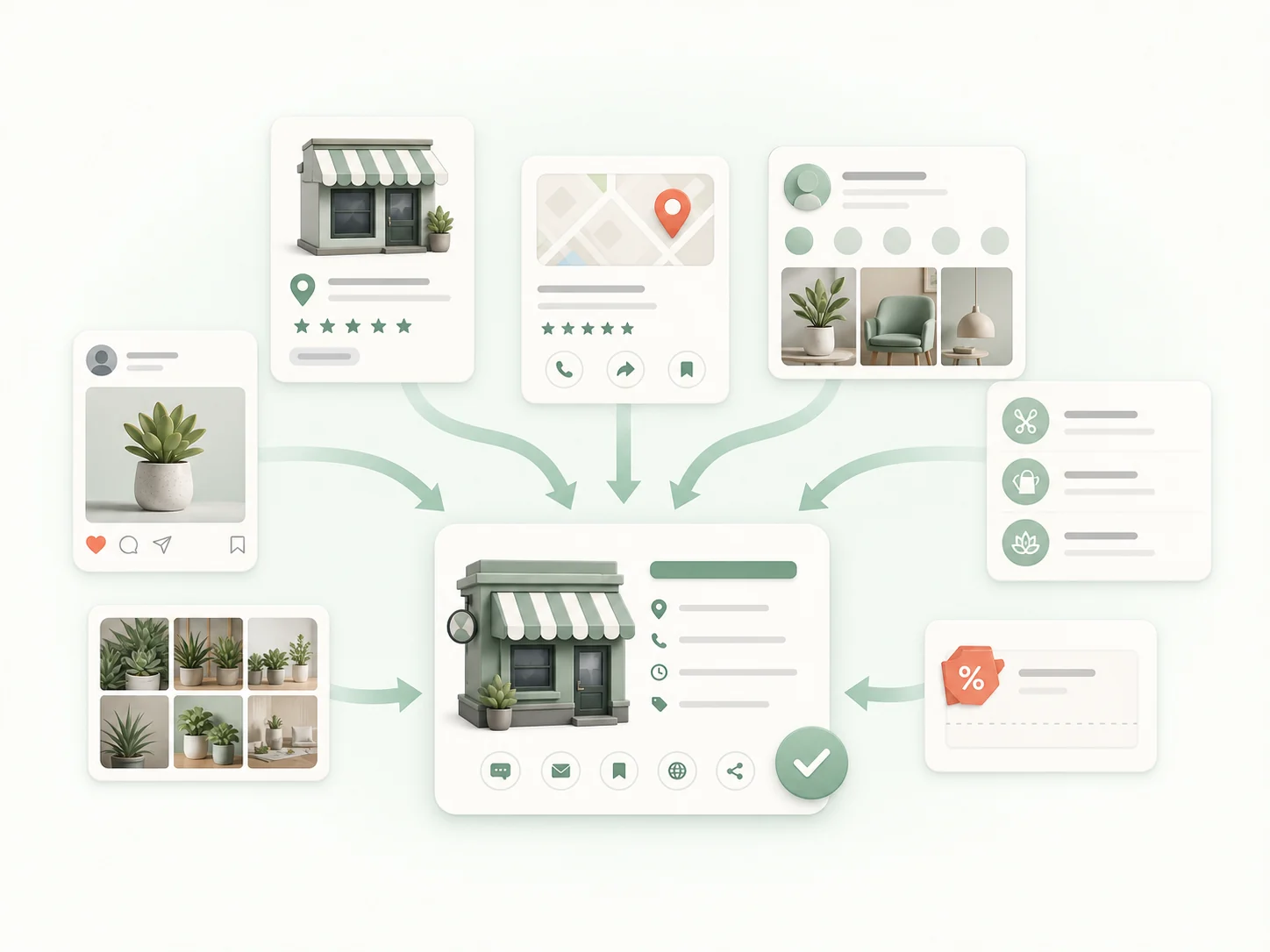 Storefront profile, social page, photos, services, location, and offer details becoming one organized business profile
