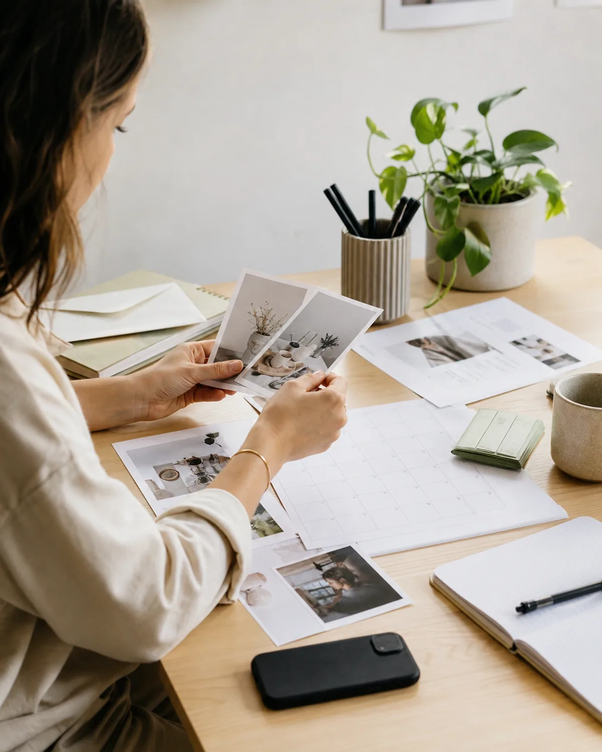 Small-business owner arranging photos and a monthly posting calendar